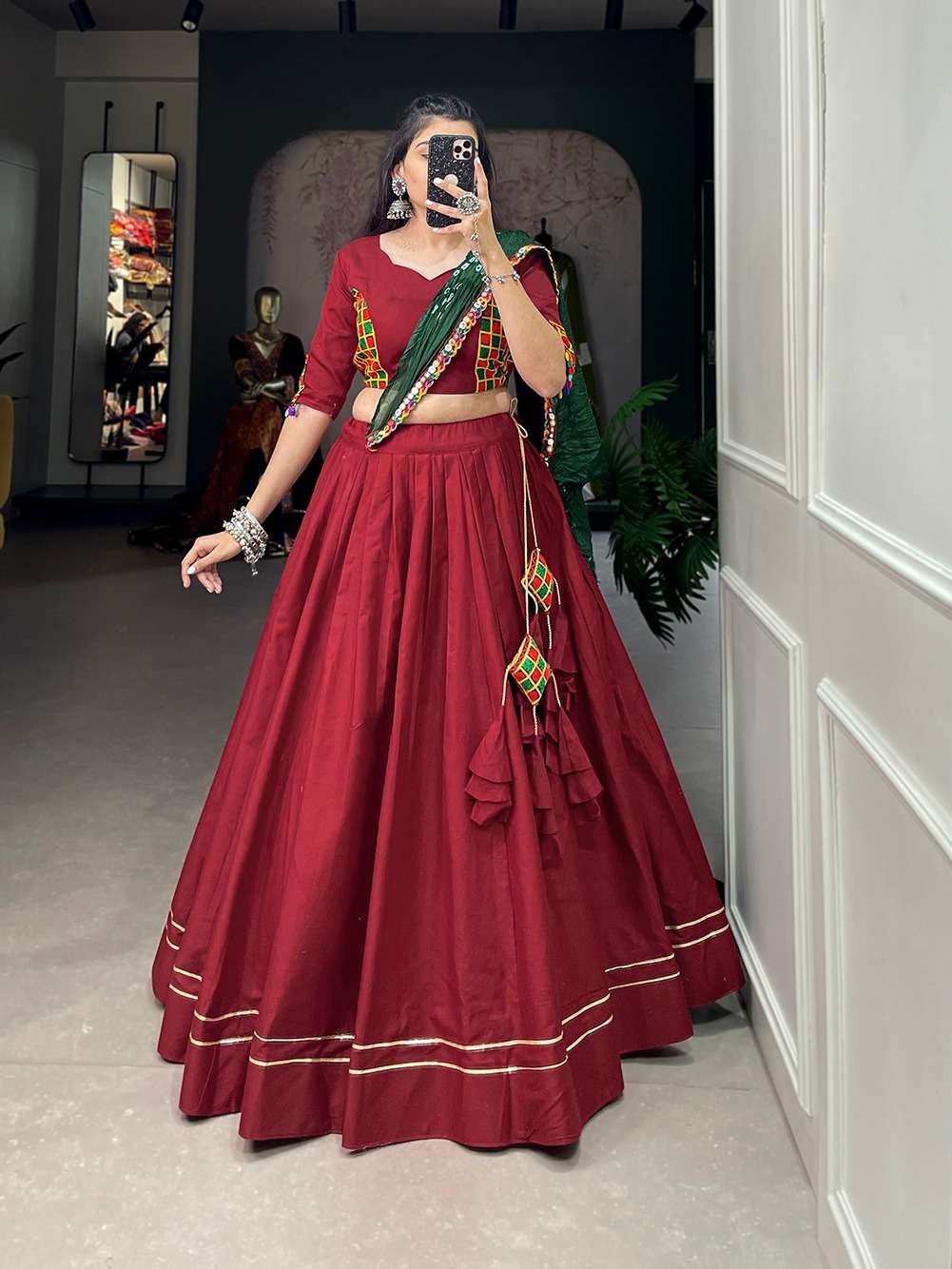 HEAVY PURE COTTON READY TO WEAR RED NAVRATRI LEHENGA CUM GAMTHI LEHENGA MIRROR WORK CHOLI PC 1604A