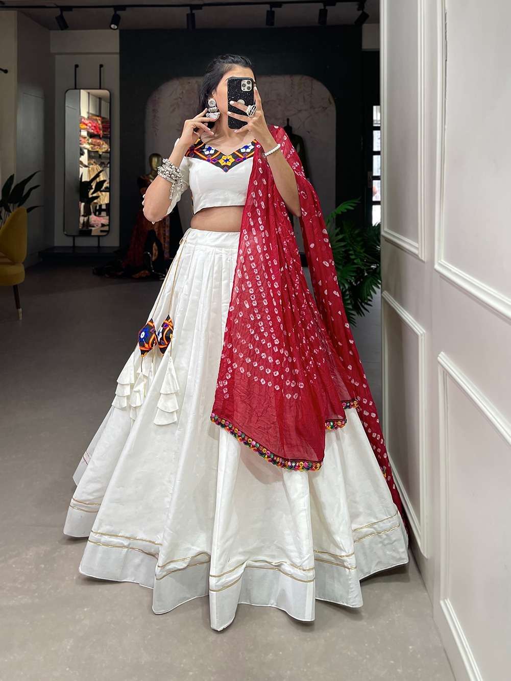 HEAVY PURE COTTON READY TO WEAR WHITE NAVRATRI LEHENGA CUM GAMTHI LEHENGA MIRROR WORK CHOLI PC 1604C