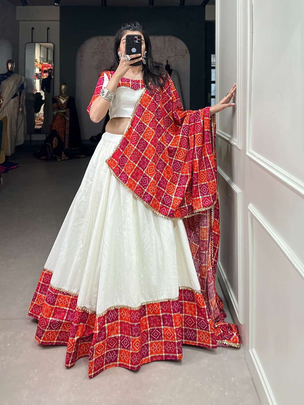 HEAVY PURE COTTON READY TO WEAR WHITE NAVRATRI LEHENGA CUM GAMTHI LEHENGA MIRROR WORK CHOLI PC 1615