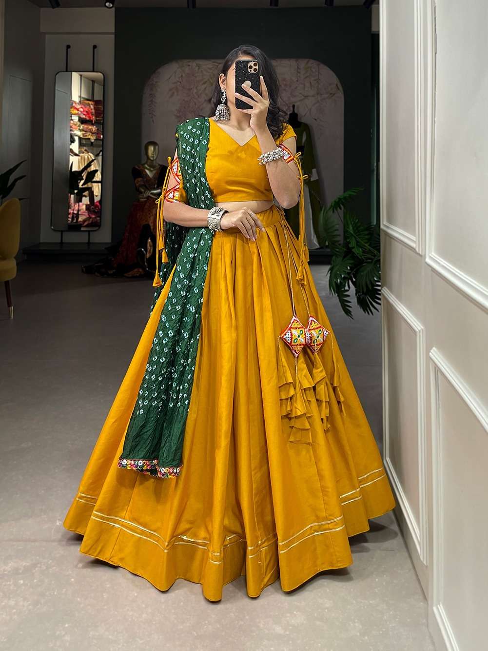 HEAVY PURE COTTON READY TO WEAR YELLOW NAVRATRI LEHENGA CUM GAMTHI LEHENGA MIRROR WORK CHOLI PC 1604D