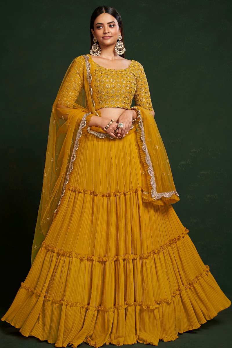 INDIAN BOLLYWOOD DESIGNER FANCY WEDDING PARTY WEAR YELLOW GEORGETTE LEHENGA WITH THREAD SEQUENCE NAVRATRI LEHENGA CHOLI AHVN GULKARIYA 6901