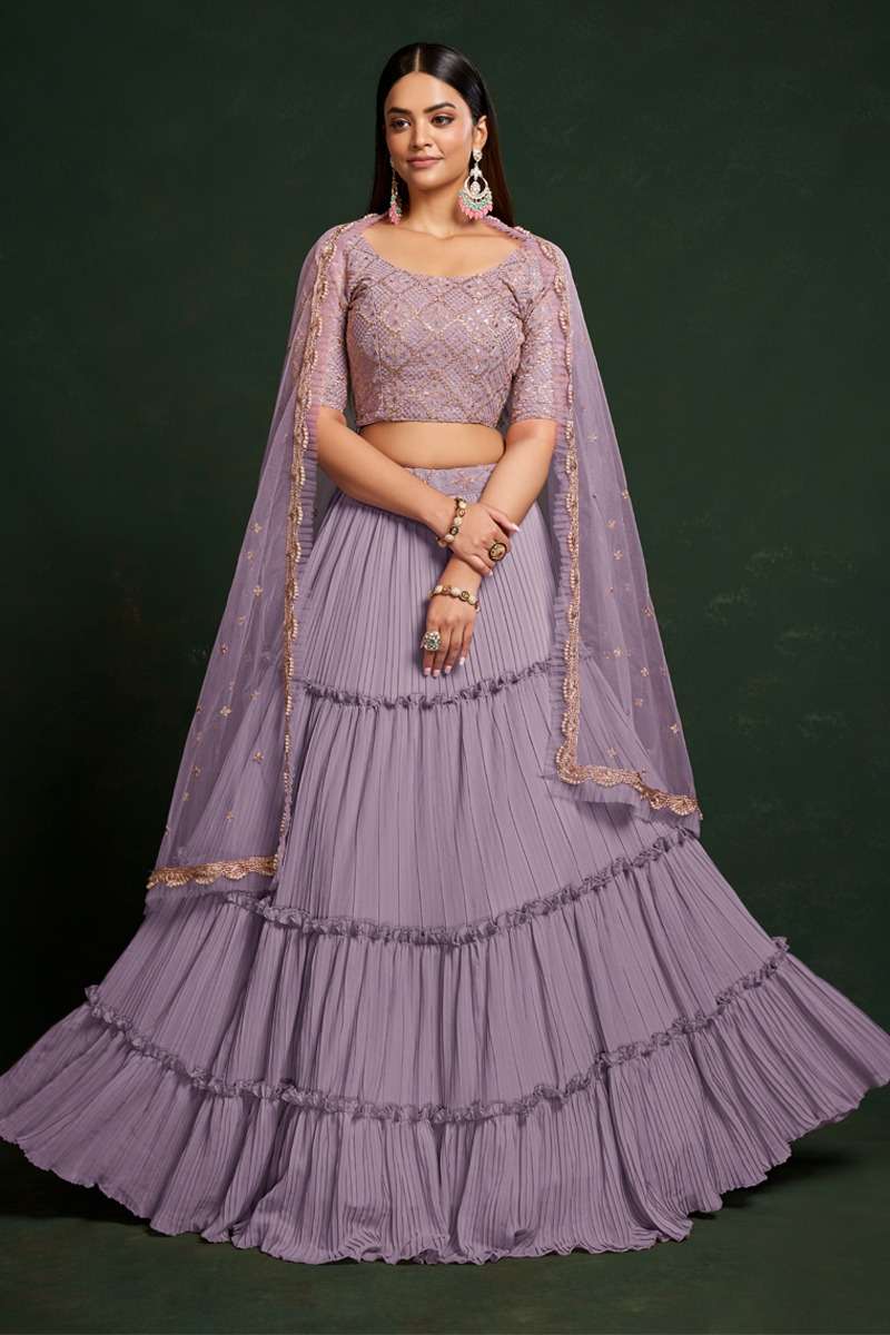 INDIAN BOLLYWOOD DESIGNER FANCY WEDDING PARTY WEAR LAVENDER GEORGETTE LEHENGA WITH THREAD SEQUENCE NAVRATRI LEHENGA CHOLI AHVN GULKARIYA 6903