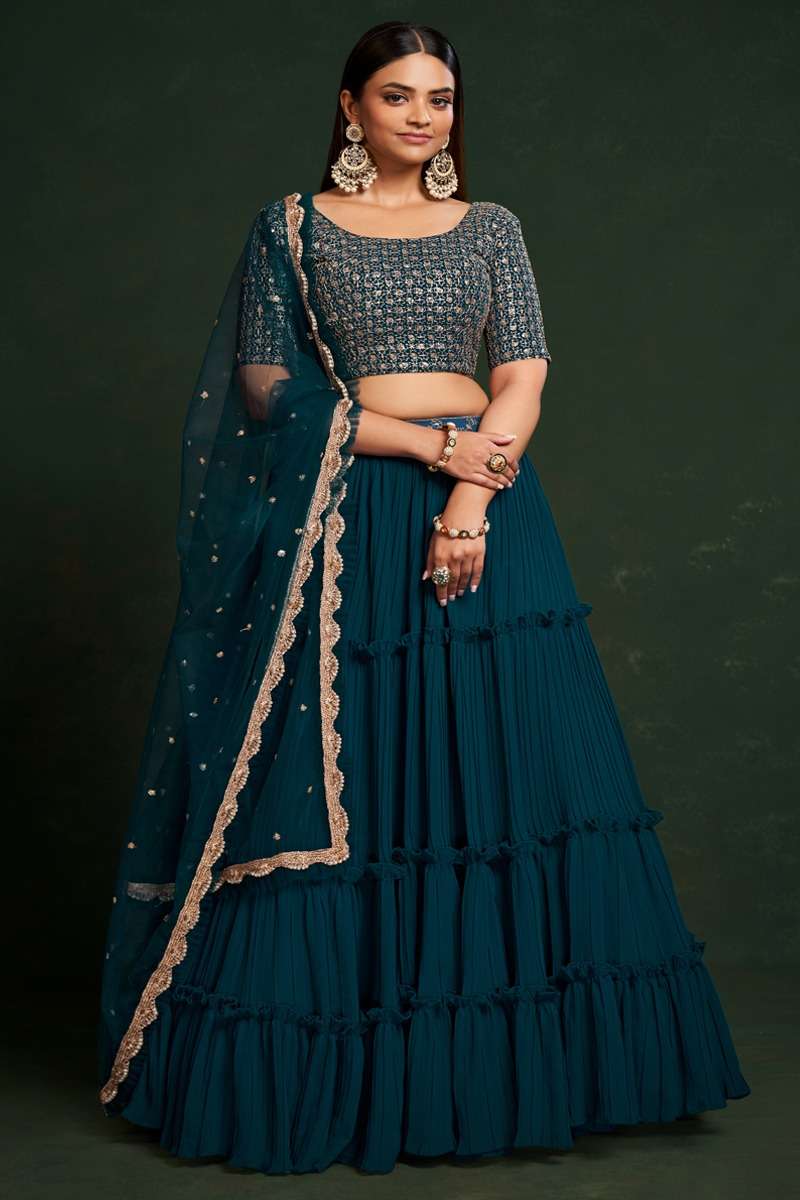 INDIAN BOLLYWOOD DESIGNER FANCY WEDDING PARTY WEAR TEAL BLUE GEORGETTE LEHENGA WITH THREAD SEQUENCE NAVRATRI LEHENGA CHOLI AHVN GULKARIYA 6904