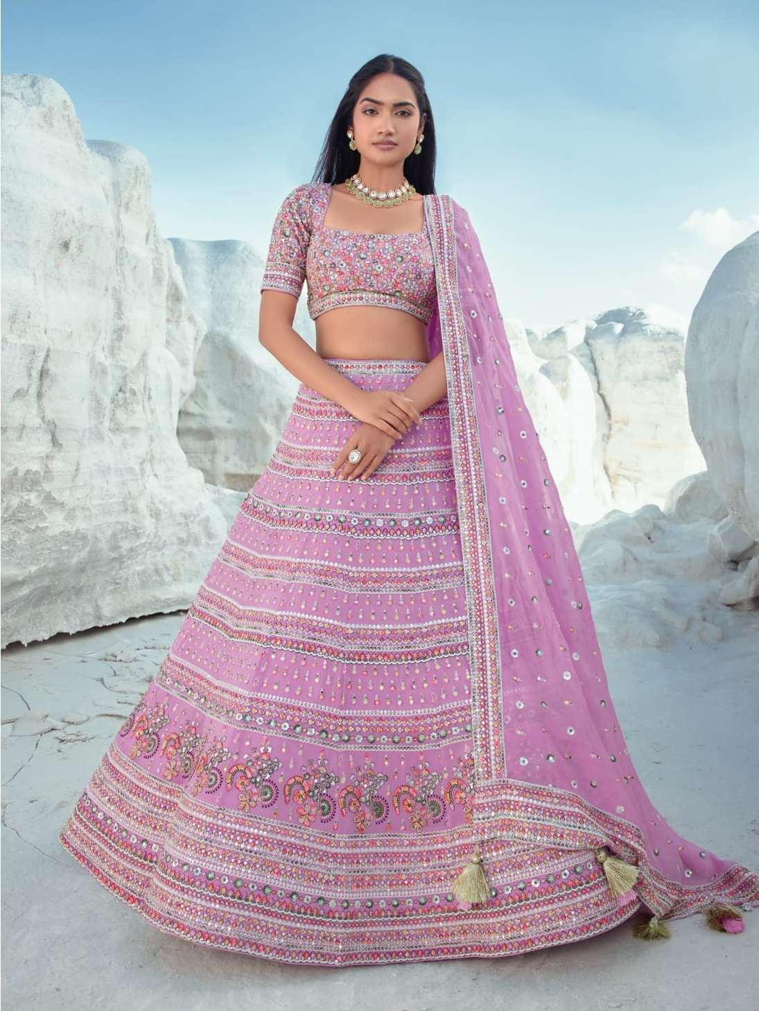 INDIAN BOLLYWOOD DESIGNER FANCY WEDDING PARTY WEAR PURE PINK GEORGETTE LEHENGA WITH THREAD SEQUENCE LEHENGA CHOLI SM NAVKAR ELEMENTS 2