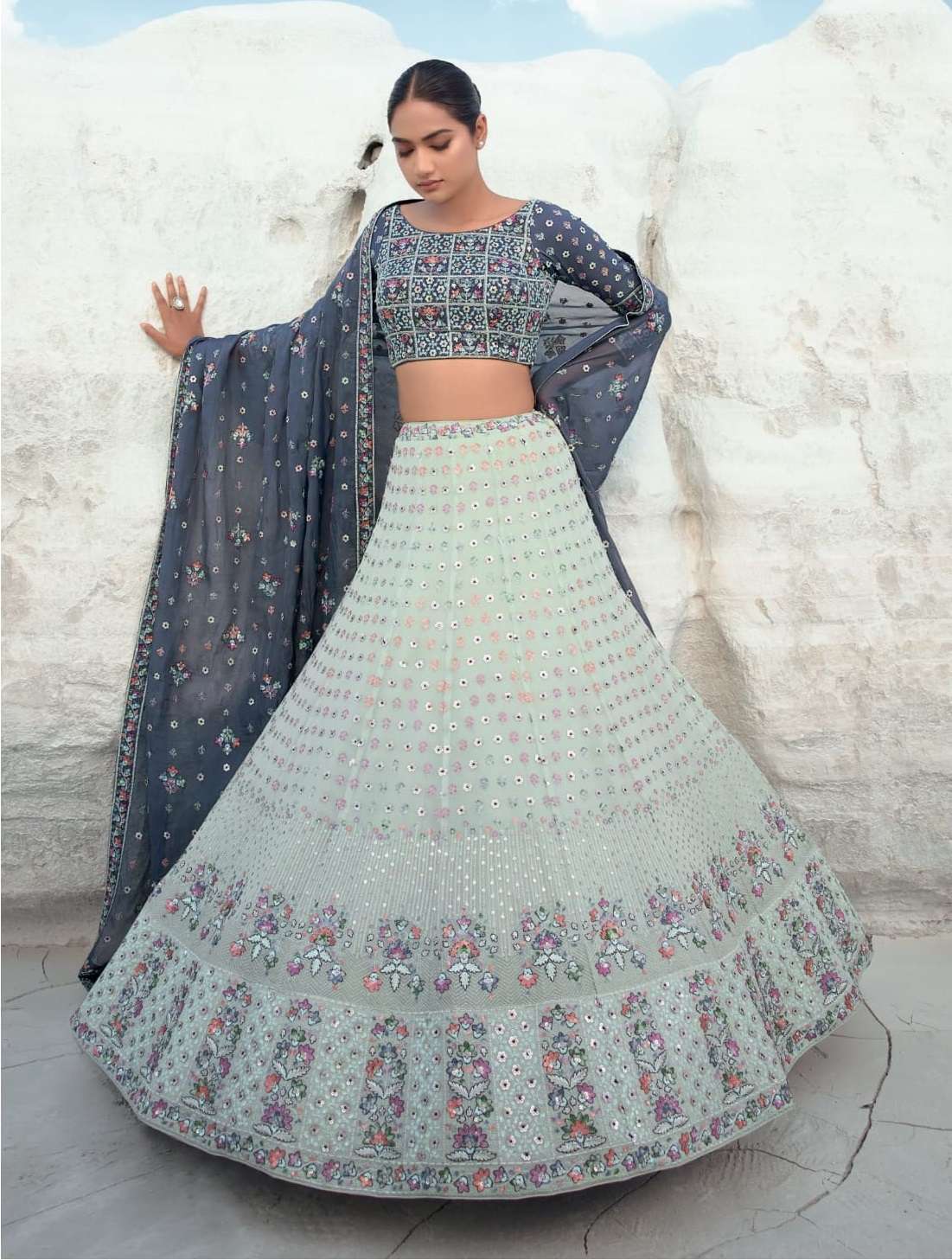 INDIAN BOLLYWOOD DESIGNER FANCY WEDDING PARTY WEAR PURE GEORGETTE GREY LEHENGA WITH THREAD SEQUENCE LEHENGA CHOLI SM NAVKAR ELEMENTS 3