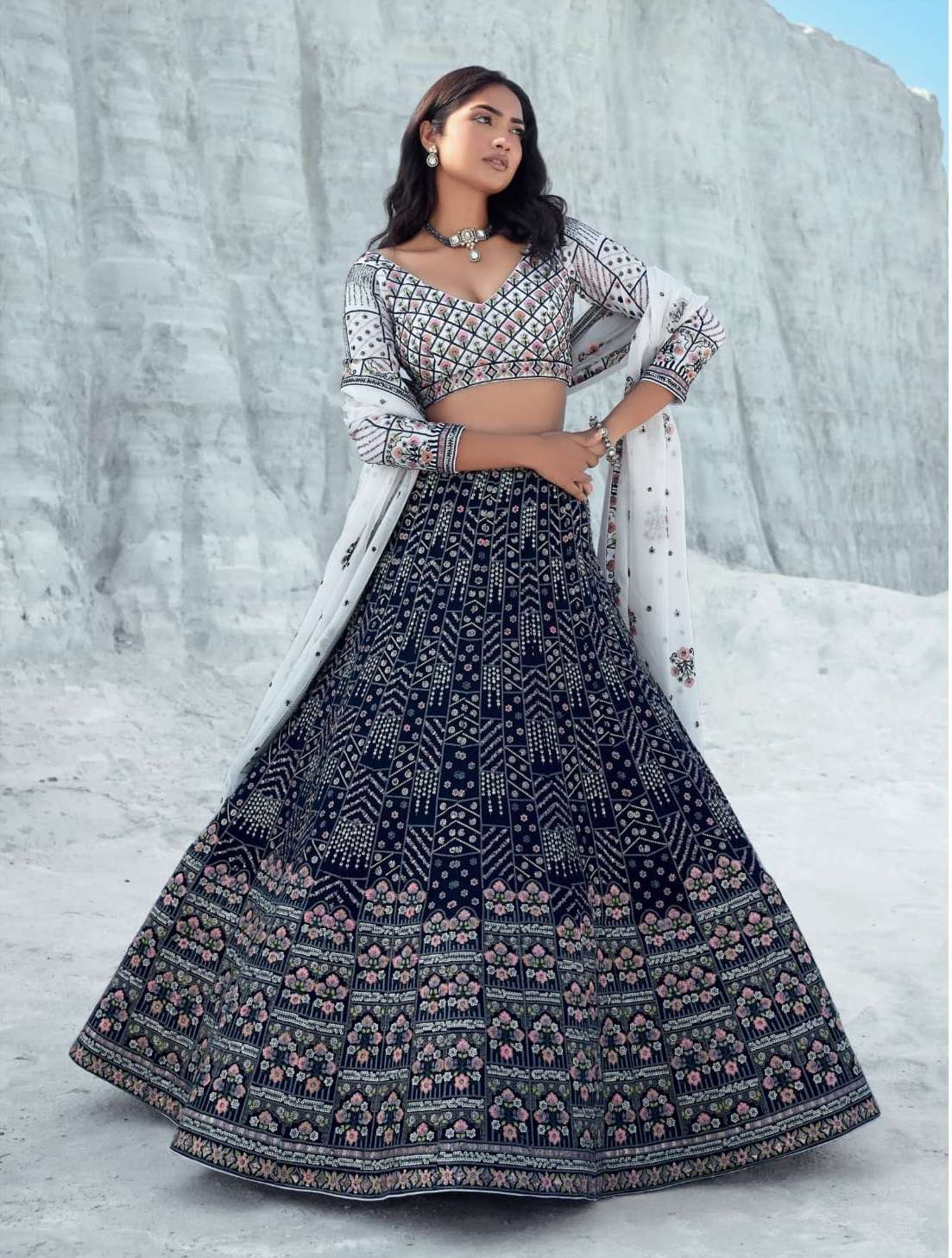 INDIAN BOLLYWOOD DESIGNER FANCY WEDDING PARTY WEAR PURE GEORGETTE BLUE LEHENGA WITH THREAD SEQUENCE LEHENGA CHOLI SM NAVKAR ELEMENTS 4