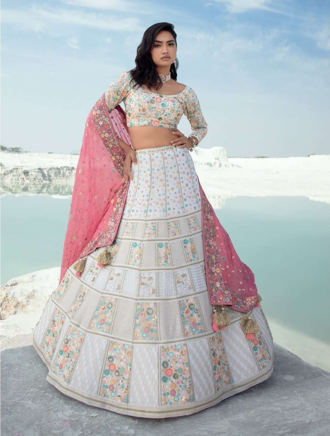 INDIAN BOLLYWOOD DESIGNER FANCY WEDDING PARTY WEAR PURE GEORGETTE WHITE LEHENGA WITH THREAD SEQUENCE LEHENGA CHOLI SM NAVKAR ELEMENTS 6