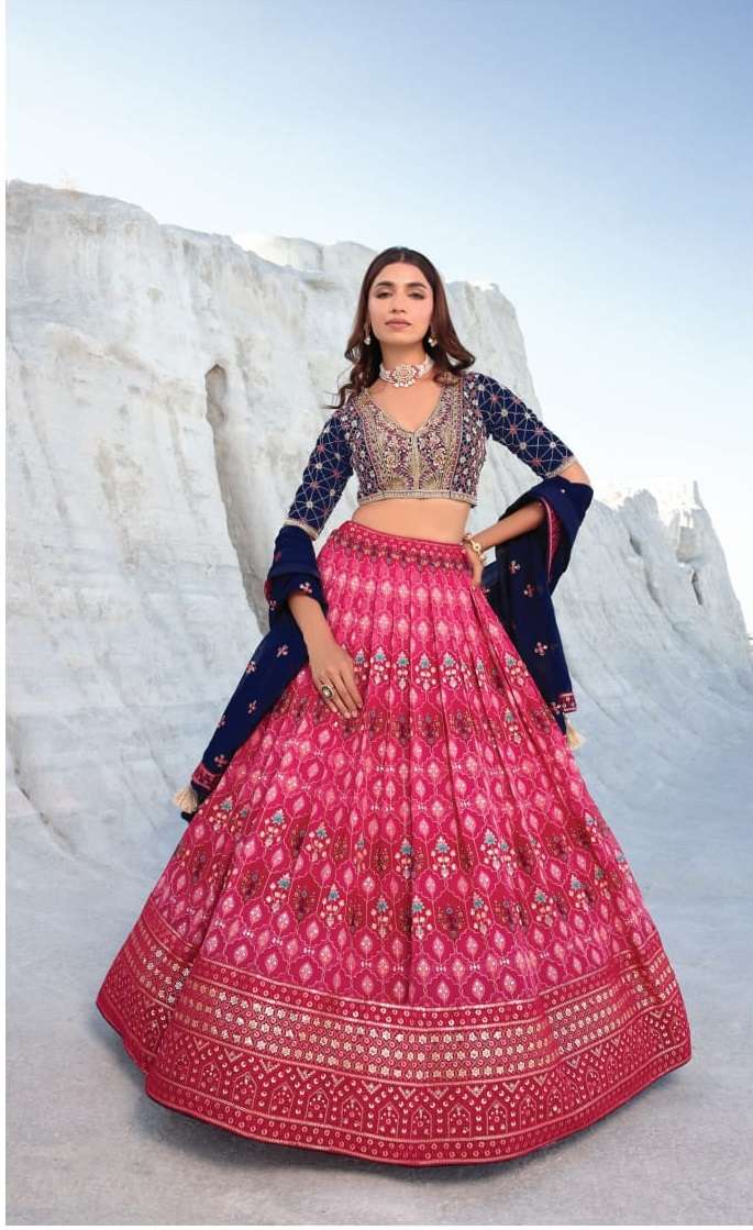 INDIAN BOLLYWOOD DESIGNER FANCY WEDDING PARTY WEAR PURE GEORGETTE RANI PINK BLUE LEHENGA WITH THREAD SEQUENCE LEHENGA CHOLI SM NAVKAR ETHNIC 1