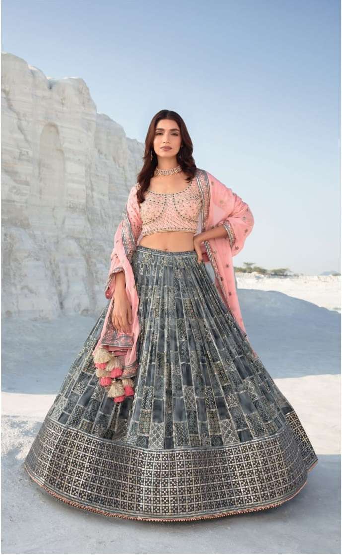 INDIAN BOLLYWOOD DESIGNER FANCY WEDDING PARTY WEAR PURE GEORGETTE GREY PEACE LEHENGA WITH THREAD SEQUENCE LEHENGA CHOLI SM NAVKAR ETHNIC 2