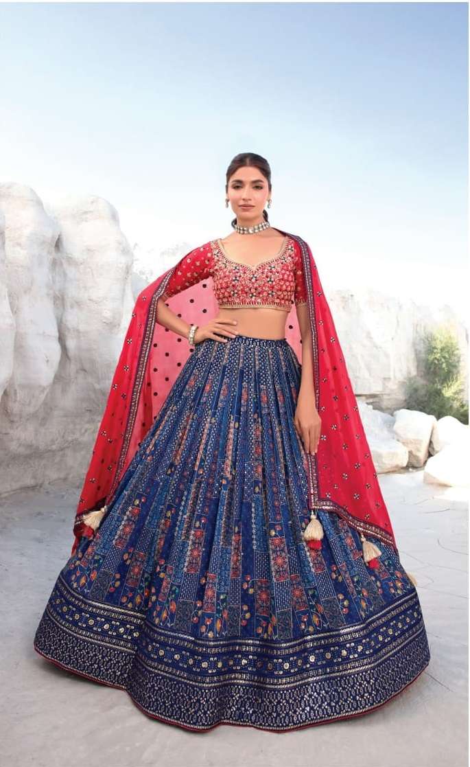 INDIAN BOLLYWOOD DESIGNER FANCY WEDDING PARTY WEAR PURE GEORGETTE BLUE LEHENGA WITH THREAD SEQUENCE LEHENGA CHOLI SM NAVKAR ETHNIC