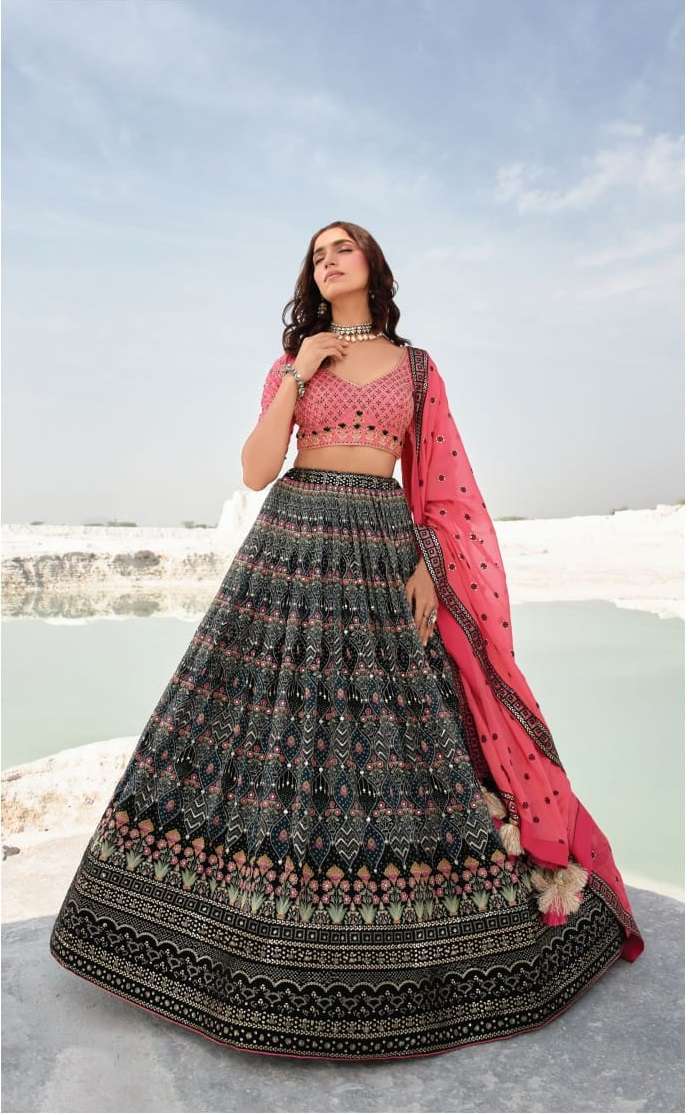 INDIAN BOLLYWOOD DESIGNER FANCY WEDDING PARTY WEAR PURE GEORGETTE BLACK LEHENGA WITH THREAD SEQUENCE LEHENGA CHOLI SM NAVKAR ETHNIC