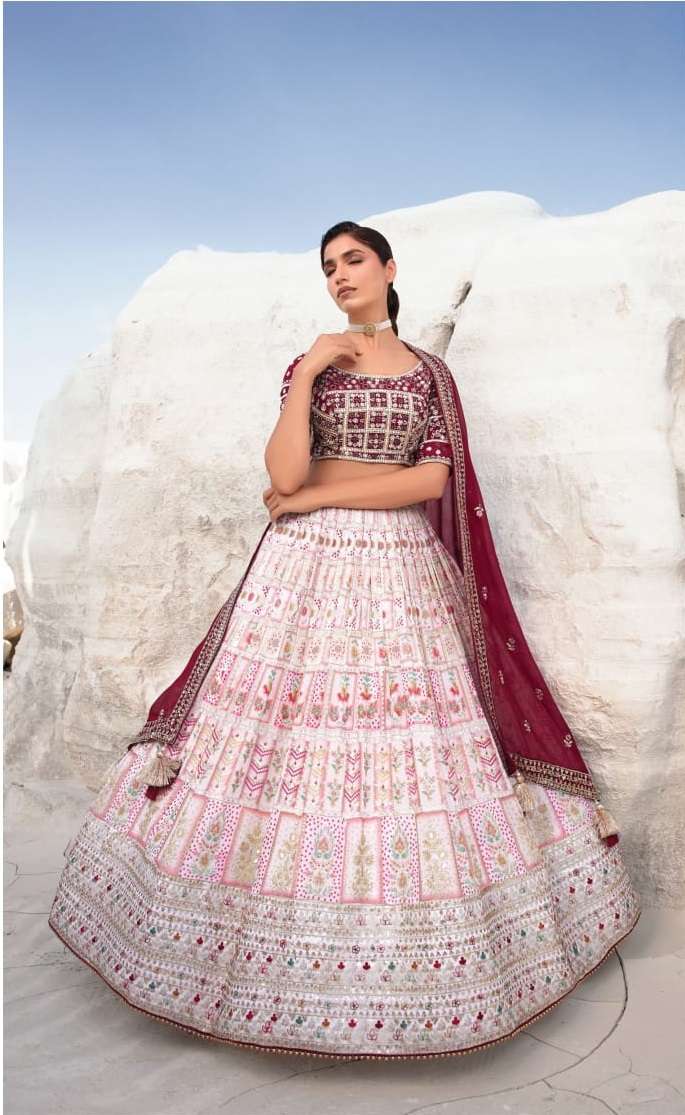 INDIAN BOLLYWOOD DESIGNER FANCY WEDDING PARTY WEAR PURE GEORGETTE WHITE LEHENGA WITH THREAD SEQUENCE LEHENGA CHOLI SM NAVKAR ETHNIC 5