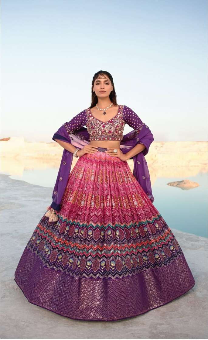 INDIAN BOLLYWOOD DESIGNER FANCY WEDDING PARTY WEAR PURE GEORGETTE PINK PURPLE LEHENGA WITH THREAD SEQUENCE LEHENGA CHOLI SM NAVKAR ETHNIC 7