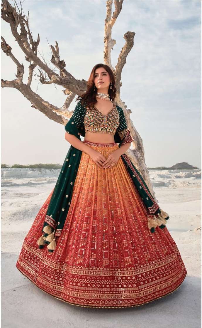 INDIAN BOLLYWOOD DESIGNER FANCY WEDDING PARTY WEAR PURE GEORGETTE ORANGE RED LEHENGA WITH THREAD SEQUENCE LEHENGA CHOLI SM NAVKAR ETHNIC 8