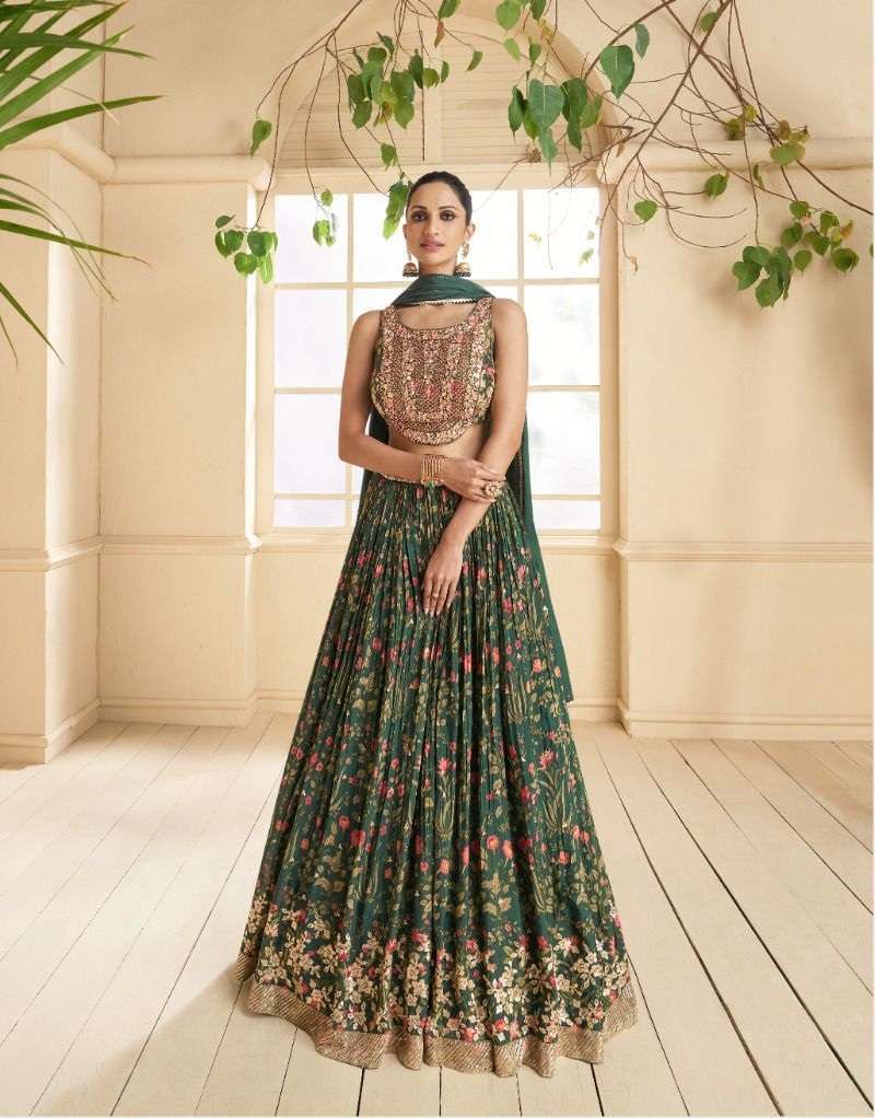 INDIAN BOLLYWOOD DESIGNER FANCY WEDDING PARTY WEAR REAL GEORGETTE GREEN LEHENGA WITH THREAD SEQUENCE SAYURI RANGOLI 5318