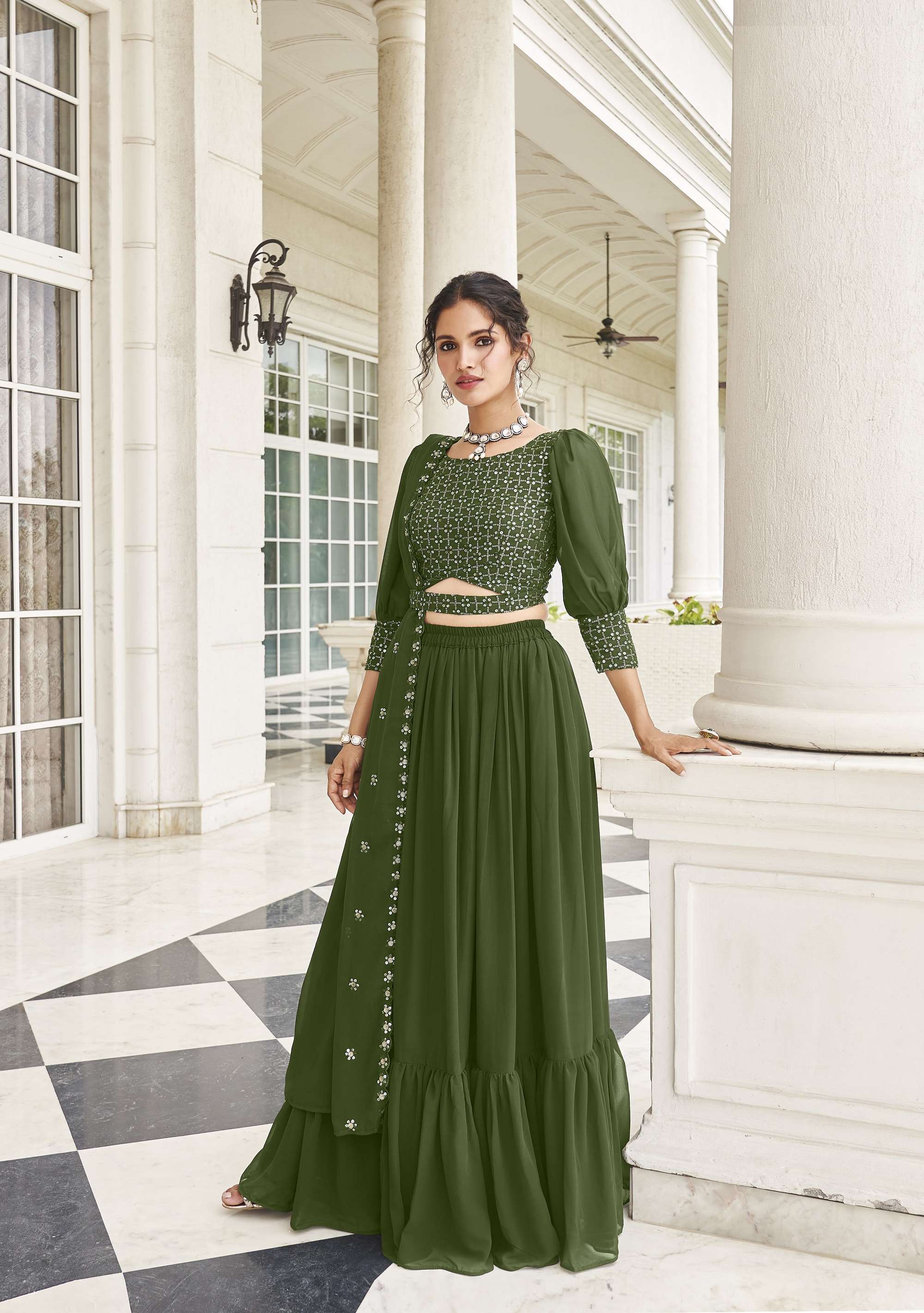 INDIAN BOLLYWOOD DESIGNER PARTY WEAR MAHENDI GREEN GEORGETTE LEHENGA WITH THREAD SEQUENCE LEHENGA CHOLI SHREEMATEE AMISHA 153