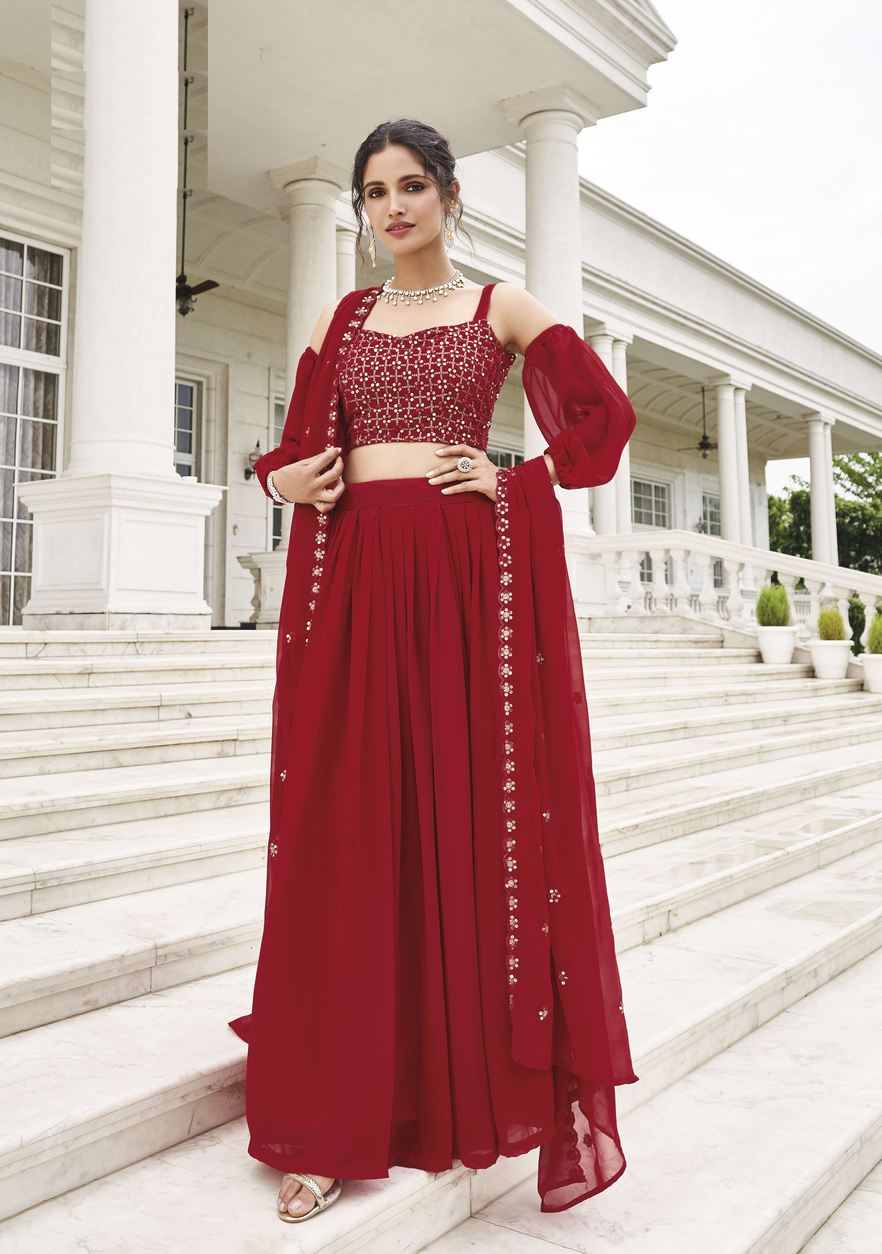 INDIAN BOLLYWOOD DESIGNER PARTY WEAR RED GEORGETTE LEHENGA WITH THREAD SEQUENCE LEHENGA CHOLI SHREEMATEE AMISHA 155