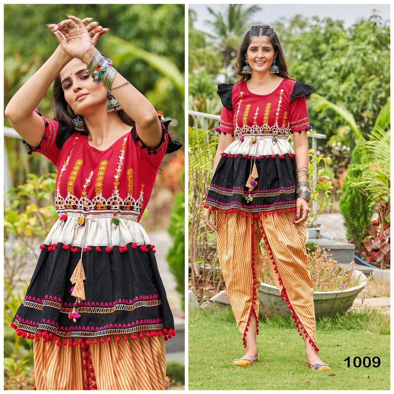 KHADI COTTON DESIGNER NAVRATRI SPECIAL RED KHADI KEDIA AND TOP PANT LEHENGA CHOLI DST DHOLIDA 1009