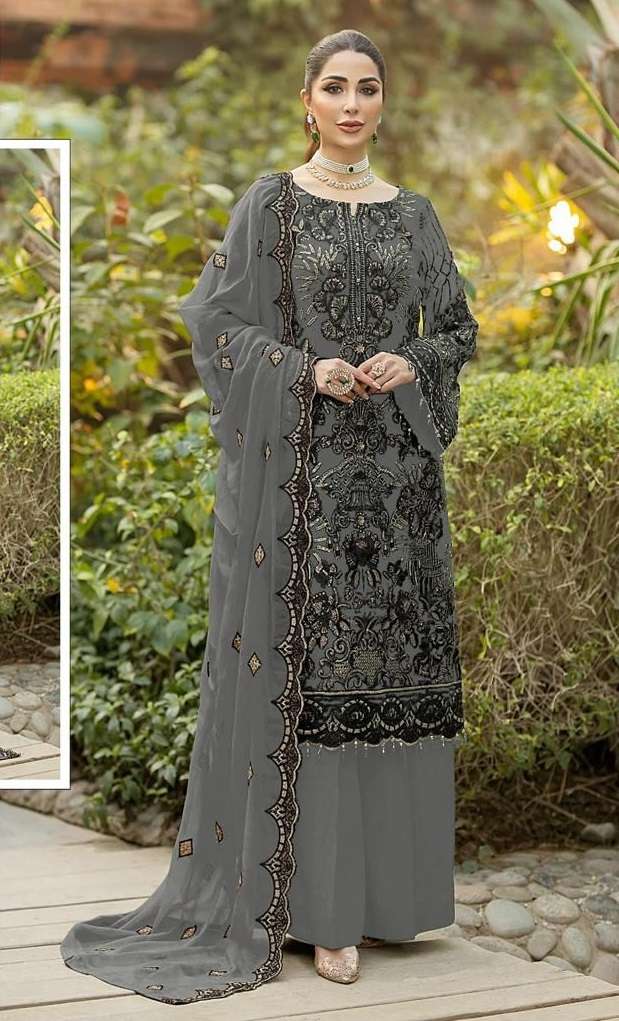 READY TO WEAR DESIGNER FANCY PARTY WEAR GREY INDIAN PAKISTANI SALWAR SUIT IN FAUX GEORGETTE JG 4107 E