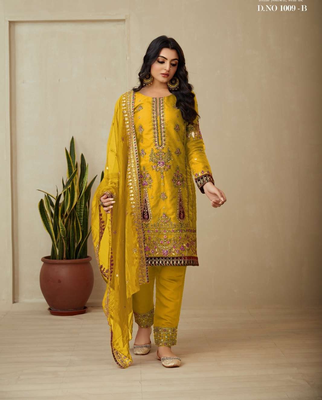 READY TO WEAR DESIGNER FANCY PARTY WEAR INDIAN PAKISTANI YELLOW SALWAR SUIT IN ORGANZA JG 1009B