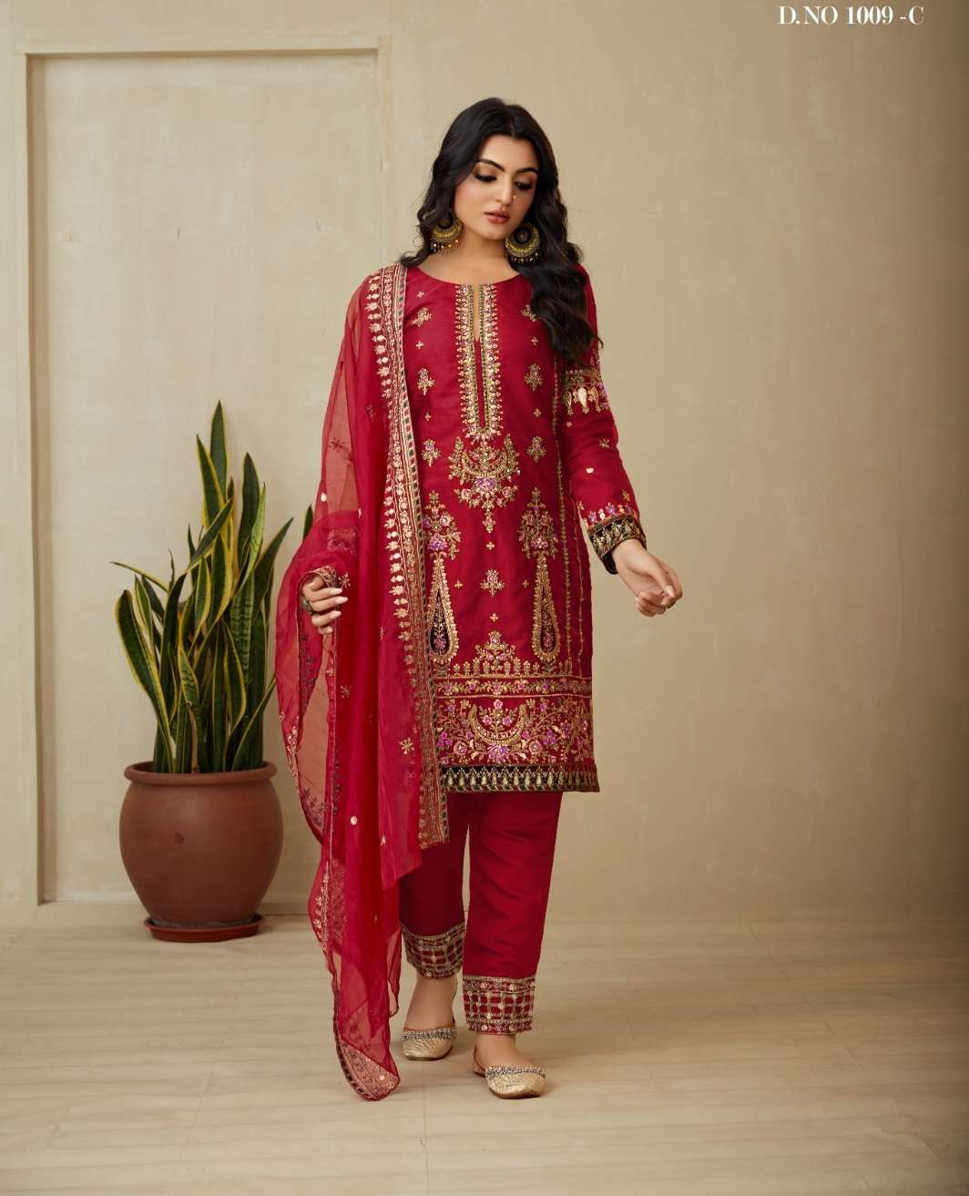 READY TO WEAR DESIGNER FANCY PARTY WEAR INDIAN PAKISTANI RED SALWAR SUIT IN ORGANZA JG 1009C