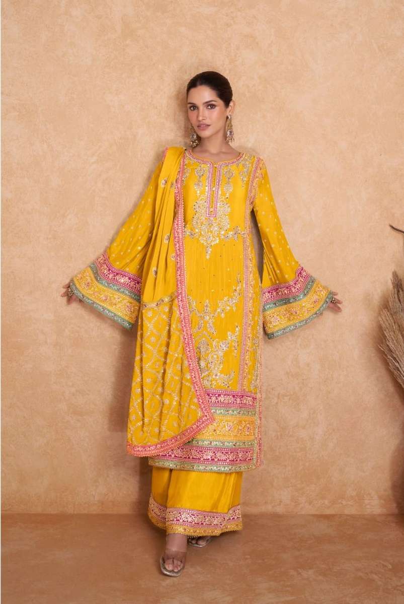 READY TO WEAR DESIGNER FANCY PARTY WEAR INDIAN PAKISTANI YELLOW PALAZZO SALWAR SUIT IN GL VEDIKA 7406A