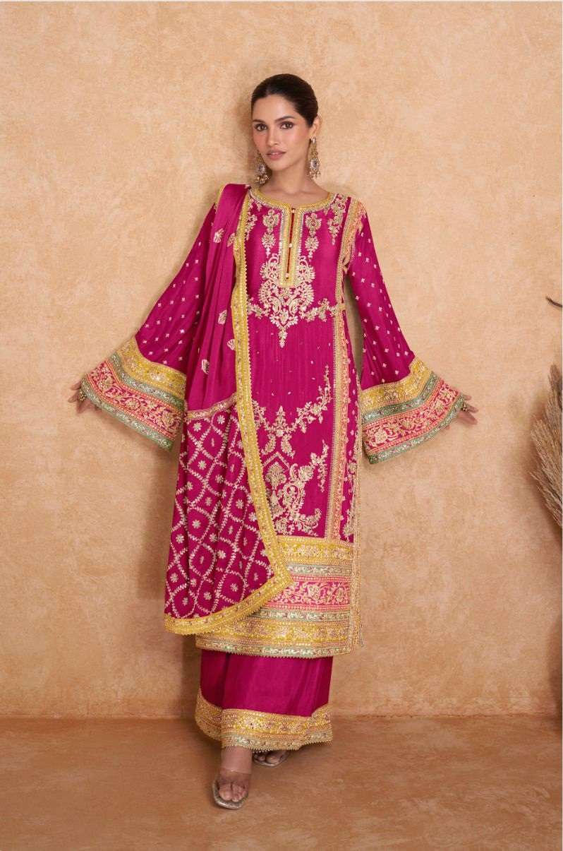 READY TO WEAR DESIGNER FANCY PARTY WEAR INDIAN PAKISTANI RANI PINK PALAZZO SALWAR SUIT IN GL VEDIKA 7406B