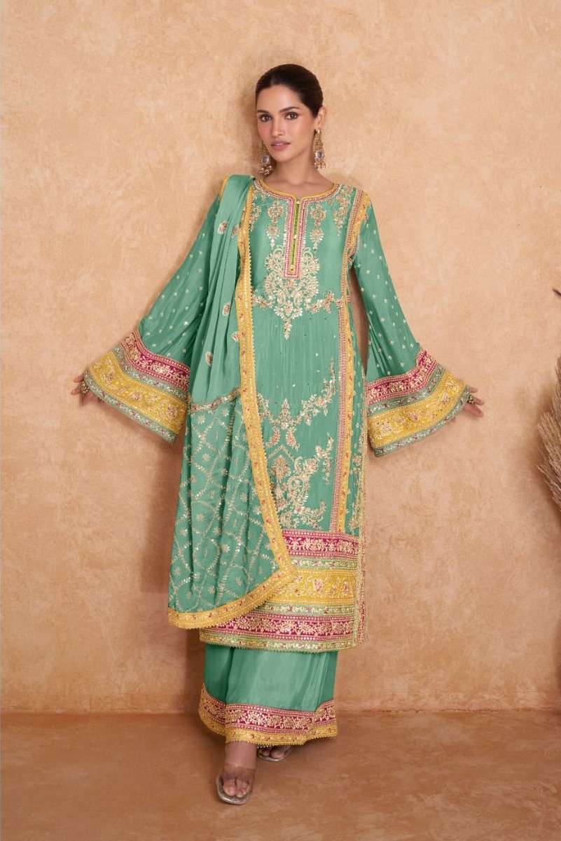 READY TO WEAR DESIGNER FANCY PARTY WEAR INDIAN PAKISTANI GREEN PALAZZO SALWAR SUIT IN GL VEDIKA 7406C