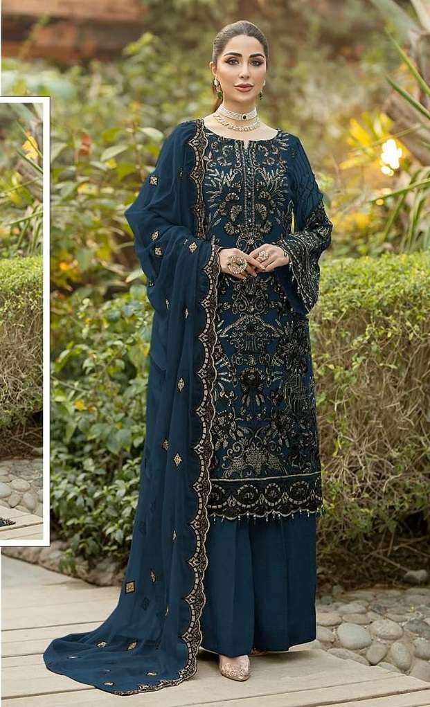 READY TO WEAR DESIGNER FANCY PARTY WEAR RAMA BLUE INDIAN PAKISTANI SALWAR SUIT IN FAUX GEORGETTE JG 4107 F