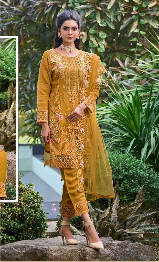 READY TO WEAR DESIGNER FANCY PARTY WEAR YELLOW INDIAN PAKISTANI SALWAR SUIT IN FAUX GEORGETTE JG 4101A