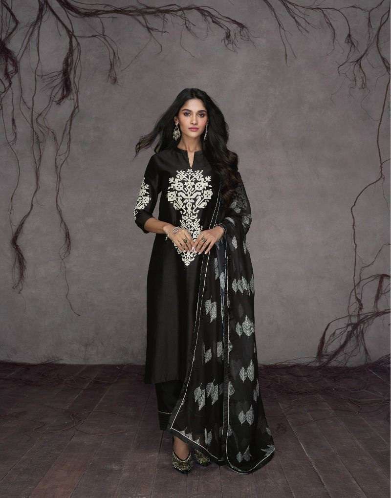 DESIGNER FANCY BLACK SILK FABRIC READY TO WEAR STRAIGHT SALWAR SUIT EB RUBAAB 5335