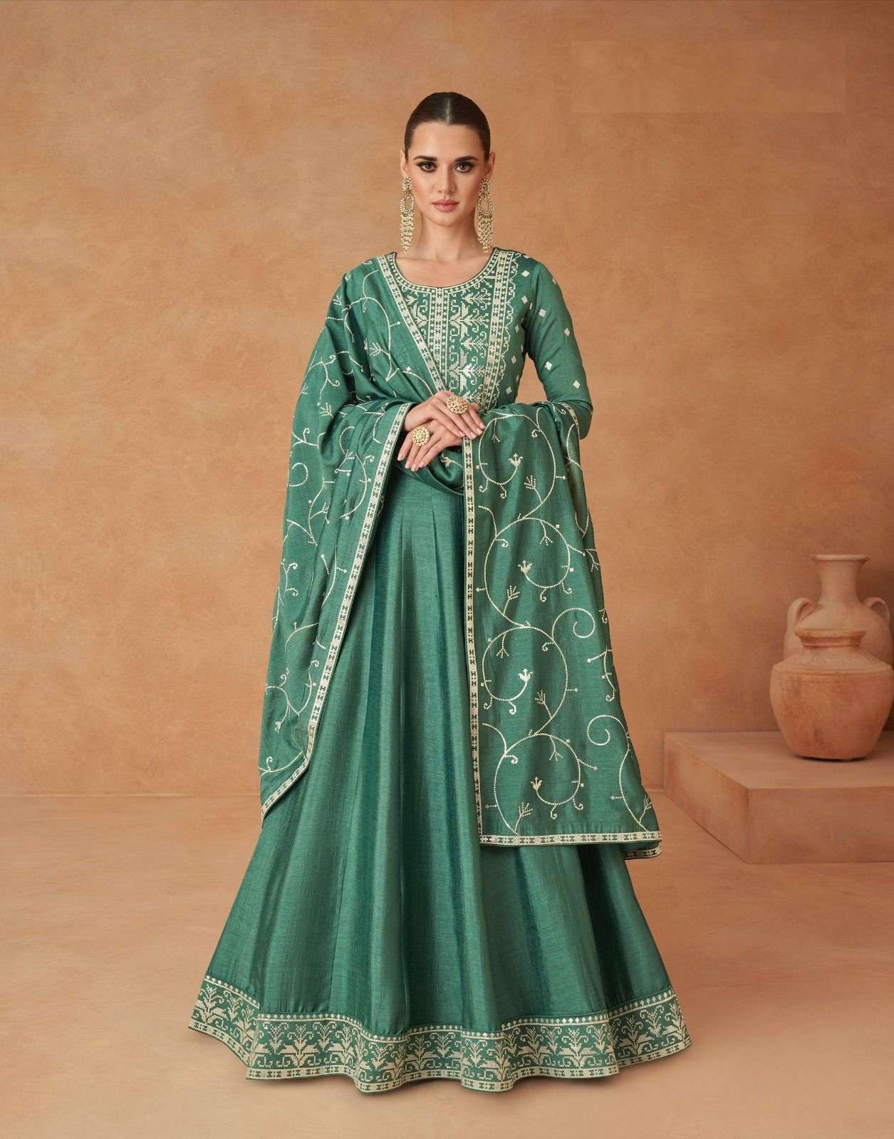 DESIGNER FANCY EXCLUSIVE DESIGNER GREEN SILK LONG INDIAN ANARKALI GOWN SALWAR SUIT COLLECTION AF MASTANI 9803