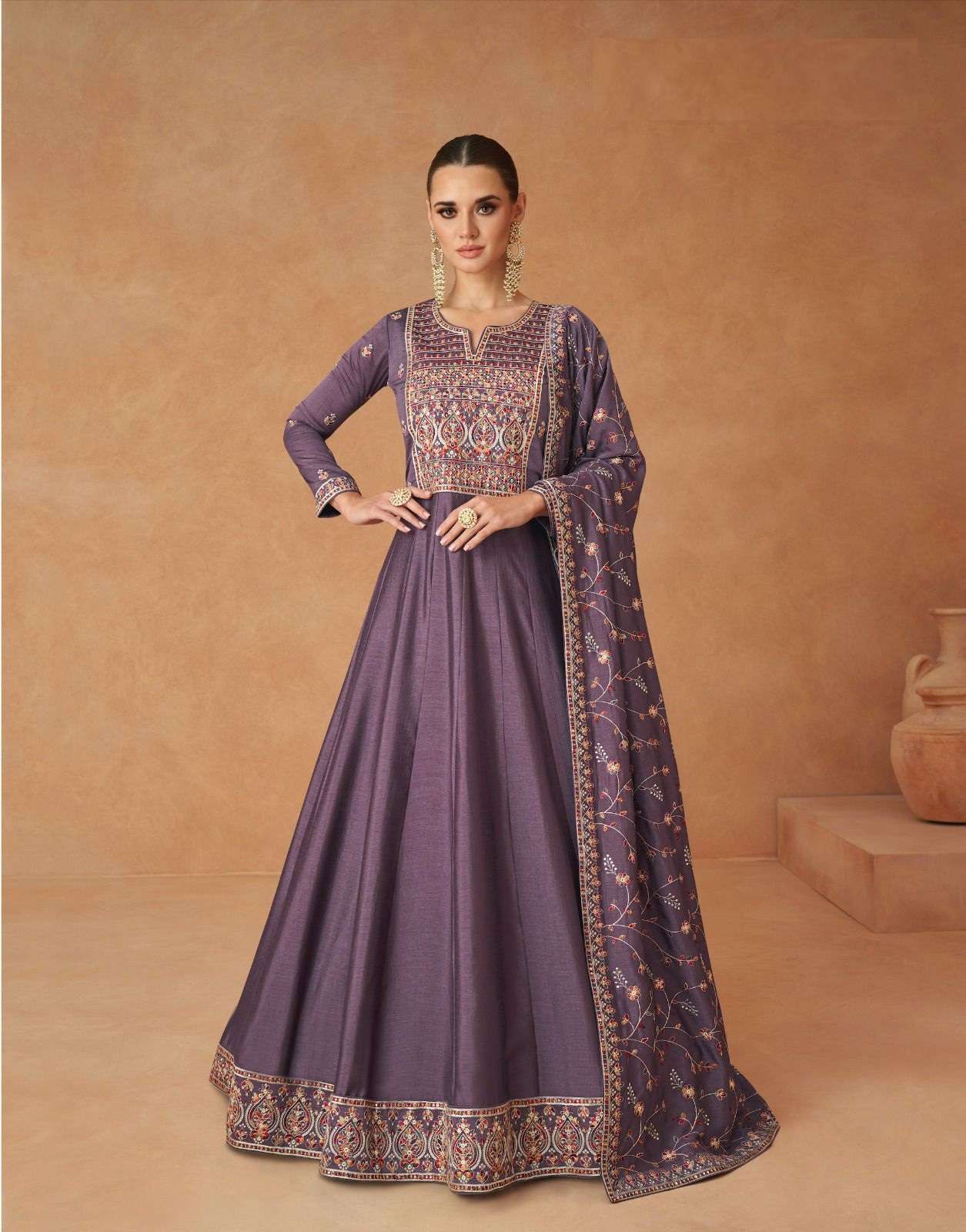 DESIGNER FANCY EXCLUSIVE DESIGNER LAVENDER SILK LONG INDIAN ANARKALI GOWN SALWAR SUIT COLLECTION AF MASTANI 980