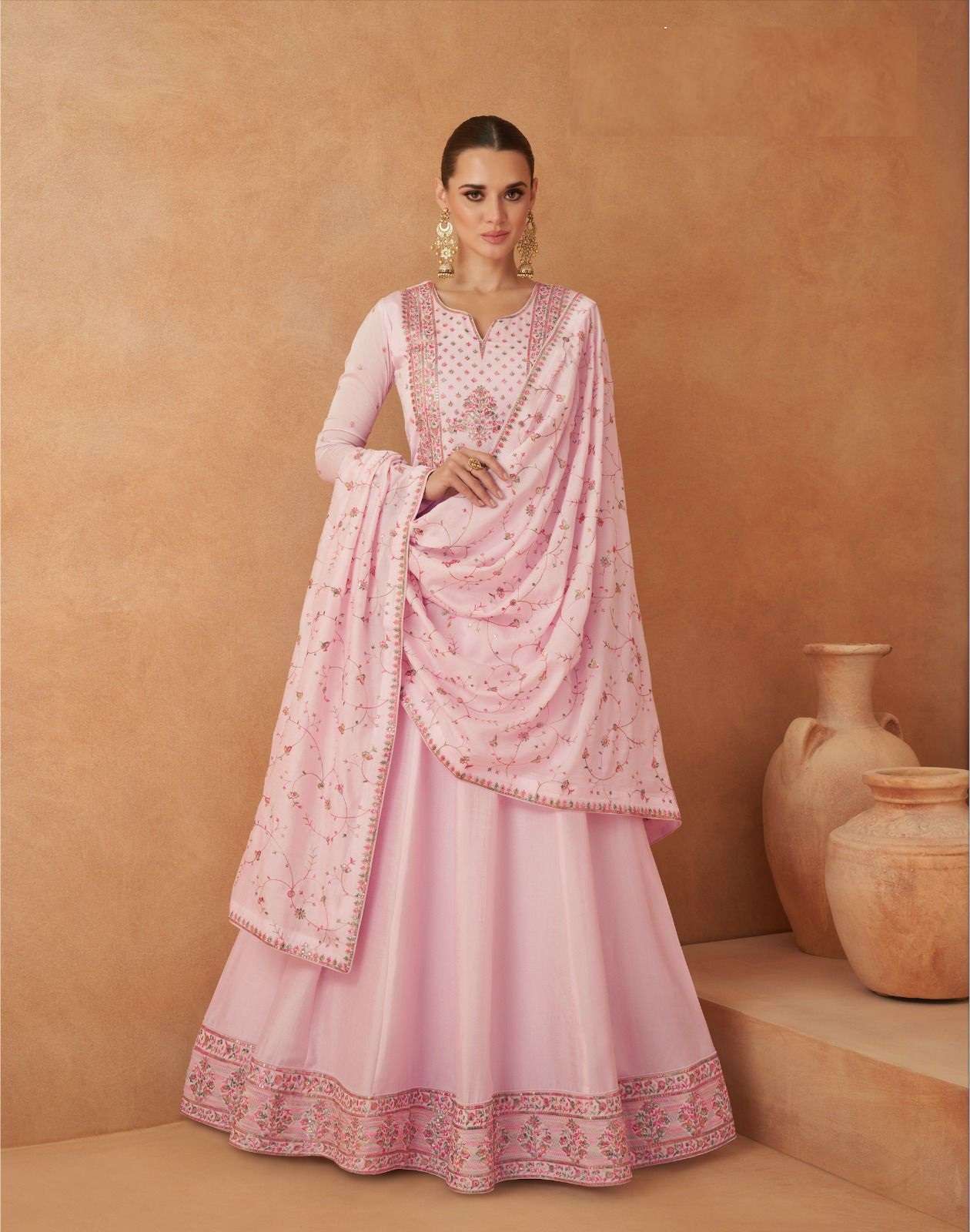 DESIGNER FANCY EXCLUSIVE DESIGNER PINK SILK LONG INDIAN ANARKALI GOWN SALWAR SUIT COLLECTION AF MASTANI 9802