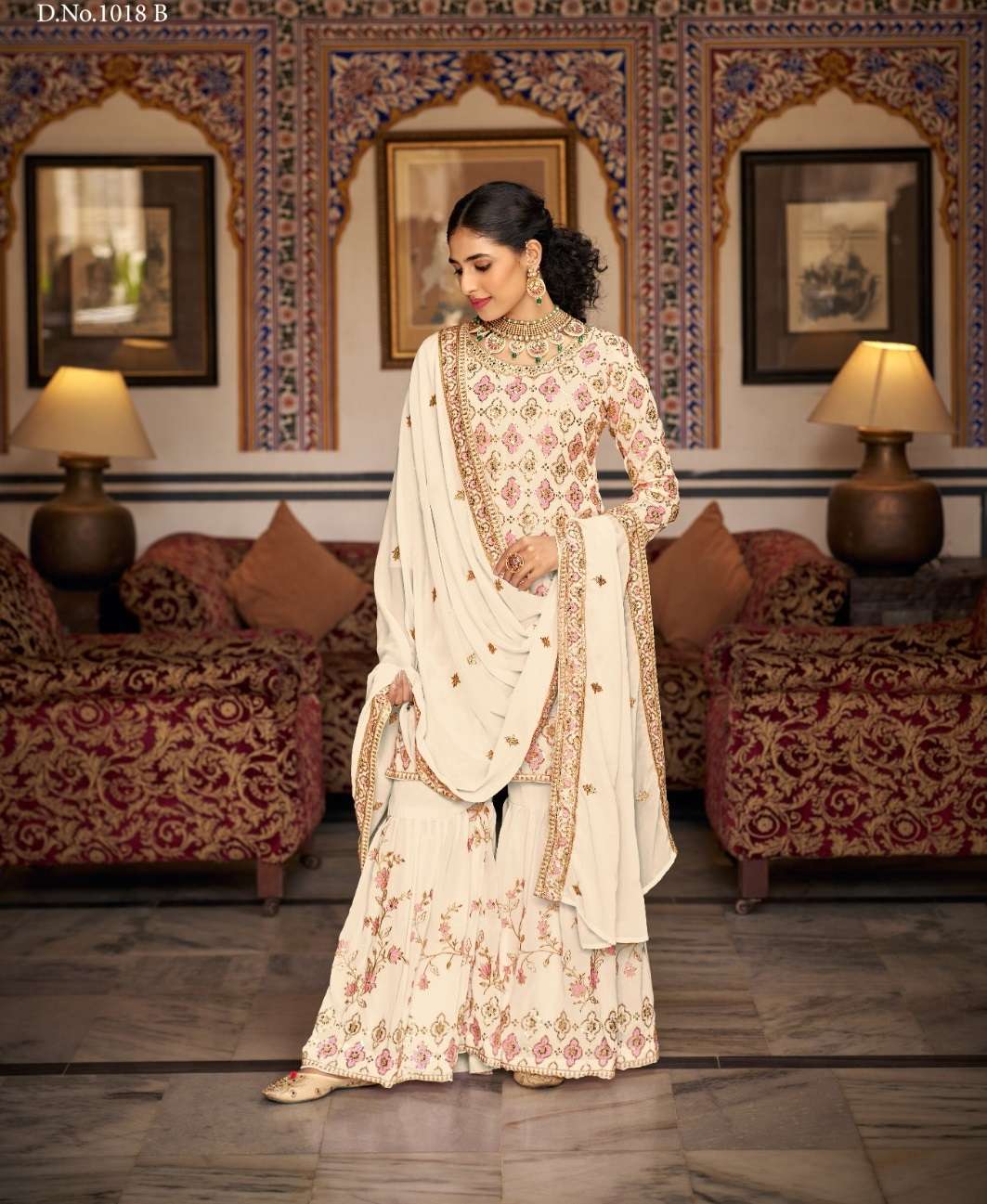 DESIGNER FANCY INDIAN PARTY WEAR FAUX GEORGETTE BEIGE SHARARA SALWAR SUIT SM SBH KALKI 1018B