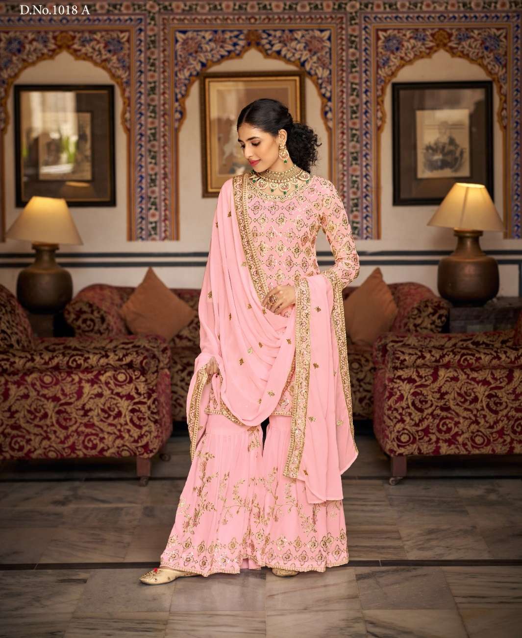 DESIGNER FANCY INDIAN PARTY WEAR FAUX GEORGETTE PINK SHARARA SALWAR SUIT SM SBH KALKI 1018A