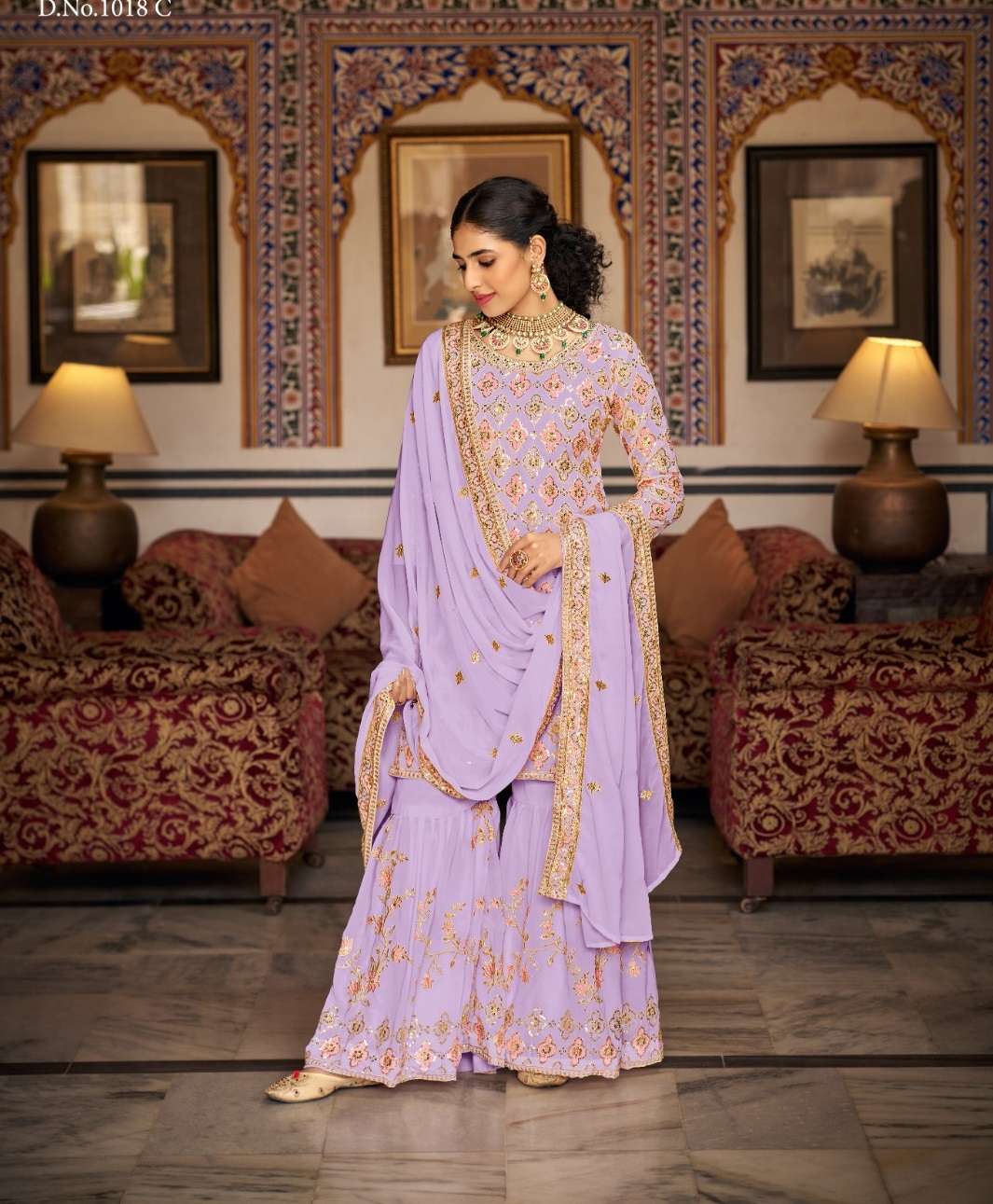 DESIGNER FANCY INDIAN PARTY WEAR FAUX GEORGETTE PURPLE SHARARA SALWAR SUIT SM SBH KALKI 1018C