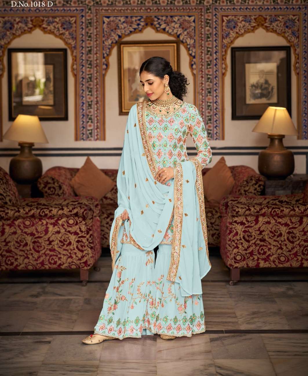 DESIGNER FANCY INDIAN PARTY WEAR FAUX GEORGETTE SKY BLUE SHARARA SALWAR SUIT SM SBH KALKI 1018D