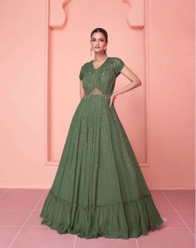 DESIGNER FANCY LONG GREEN ANARKALI GEORGETTE SALWAR SUIT GOWN EXCLUSIVE FOR WEDDING PARTY WEAR AF KIARAA 5331