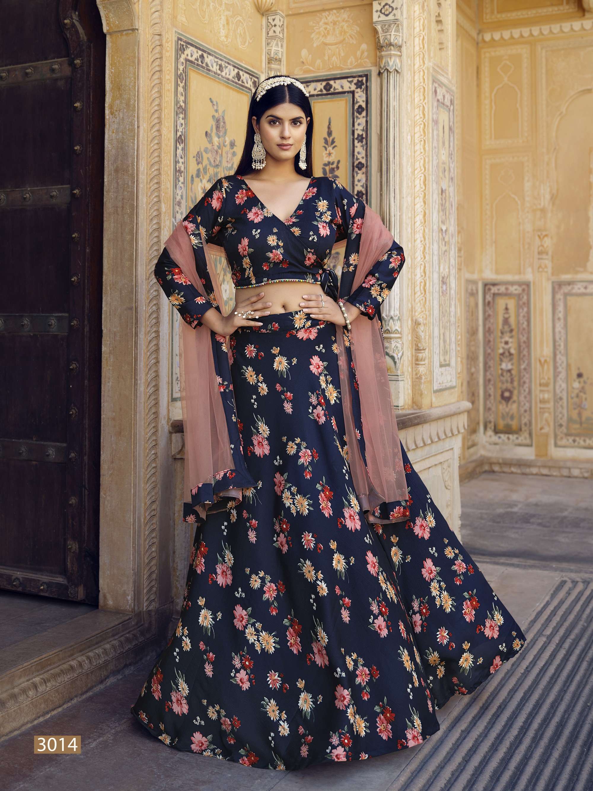 DESIGNER FANCY PARTY WEAR BLUE FLORAL PRINTED INDIAN LEHENGA CHOLI SENHORA TITLI 3014