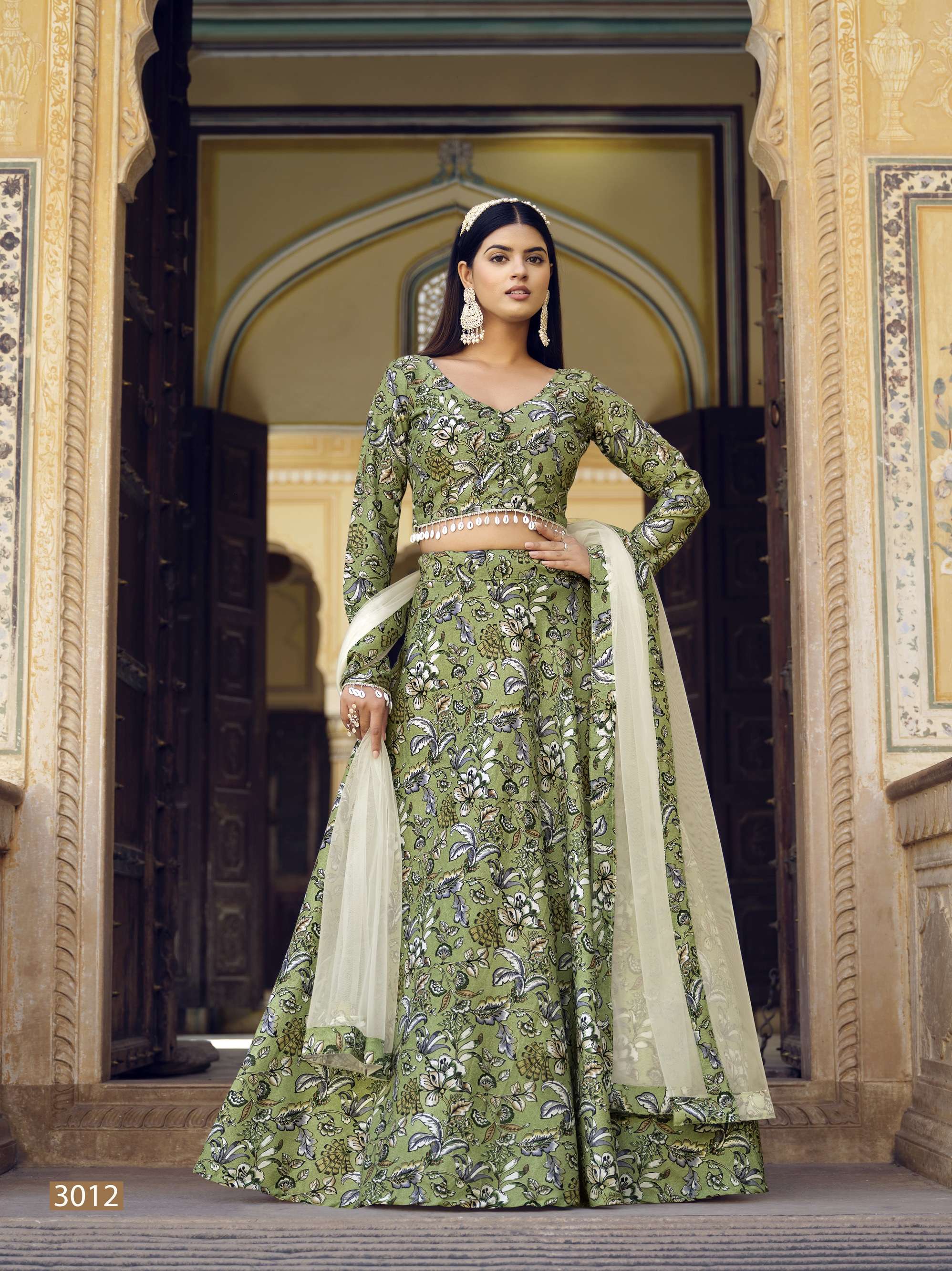 DESIGNER FANCY PARTY WEAR GREEN FLORAL PRINTED INDIAN LEHENGA CHOLI SENHORA TITLI 3012