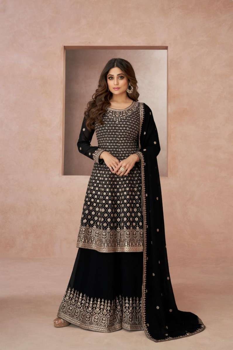 DESIGNER FANCY PARTY WEAR READYMADE FANCY BLACK REAL GEORGETTE SHARARA SALWAR SUIT AF RH LAAJO 9514