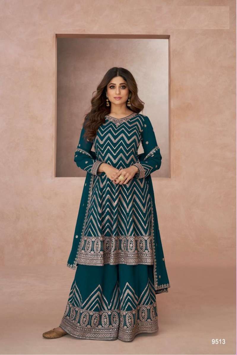 DESIGNER FANCY PARTY WEAR READYMADE FANCY BLUE REAL GEORGETTE SHARARA SALWAR SUIT AF RH LAAJO 9513