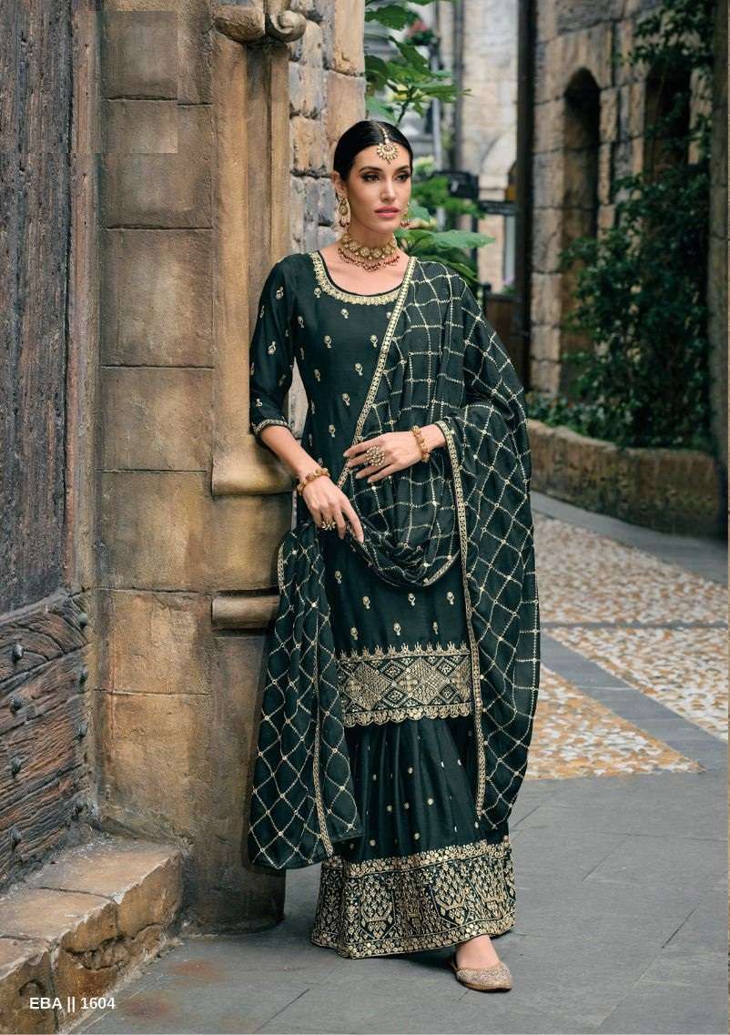 DESIGNER FANCY PARTY WEAR READYMADE FANCY CHINON GREEN SHARARA SALWAR SUIT EB JUGANI 1604