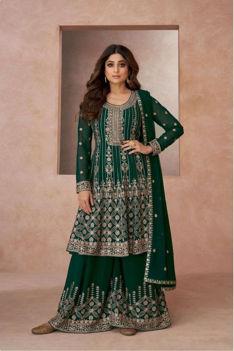 DESIGNER FANCY PARTY WEAR READYMADE FANCY GREEN REAL GEORGETTE SHARARA SALWAR SUIT AF RH LAAJO 9515