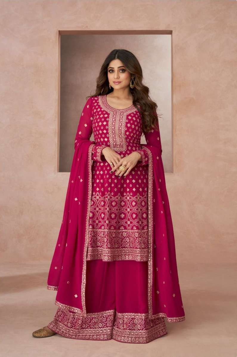 DESIGNER FANCY PARTY WEAR READYMADE FANCY RANI PINK REAL GEORGETTE SHARARA SALWAR SUIT AF RH LAAJO 9516