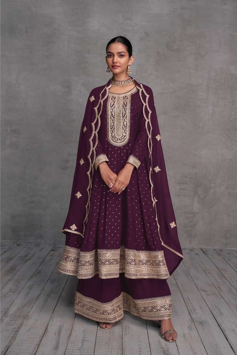 DESIGNER FANCY PARTY WEAR READYMADE FANCY REAL GEORGETTE WINE SHARARA SALWAR SUIT AF SHY GIRL 7415A