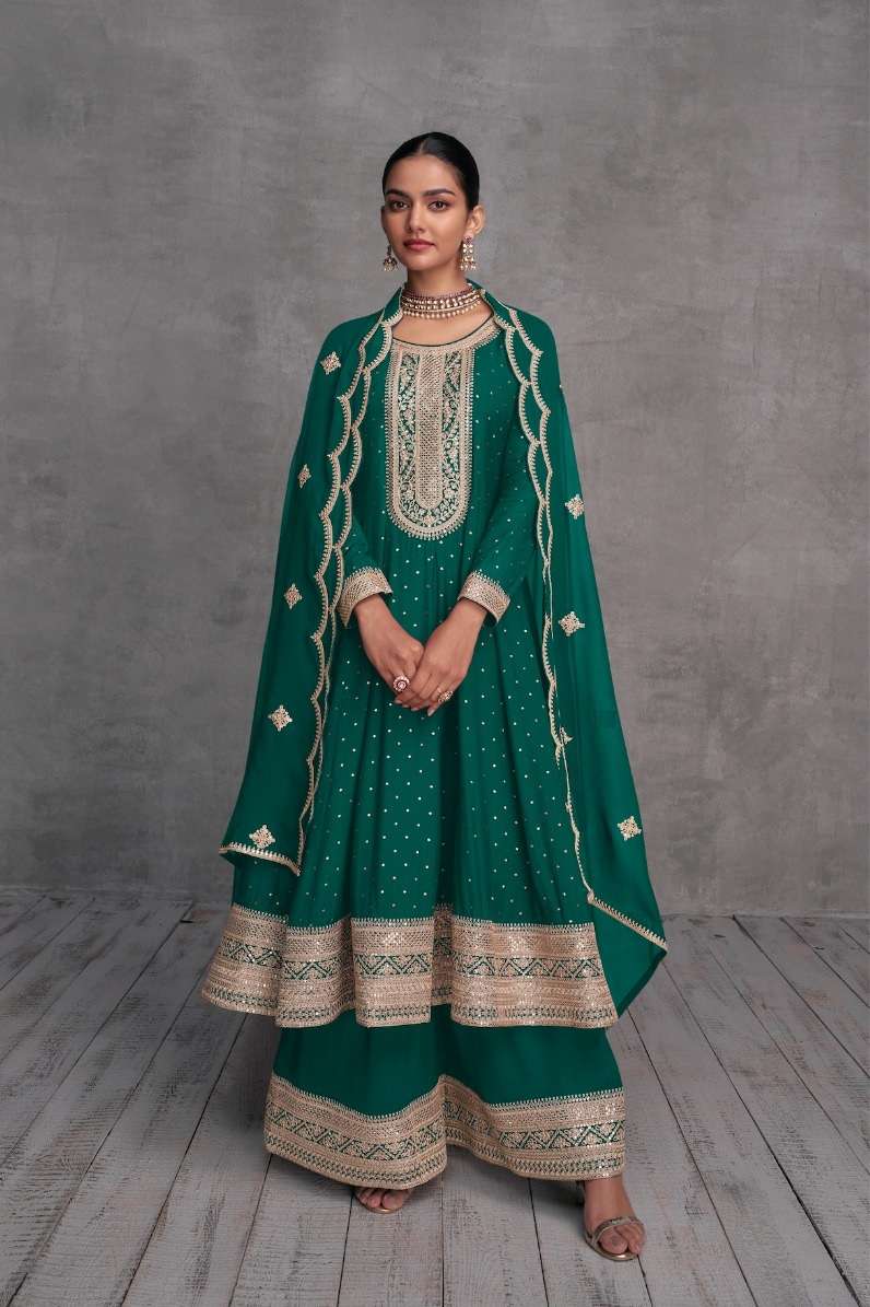 DESIGNER FANCY PARTY WEAR READYMADE FANCY REAL GEORGETTE DARK GREEN SHARARA SALWAR SUIT AF SHY GIRL 7415