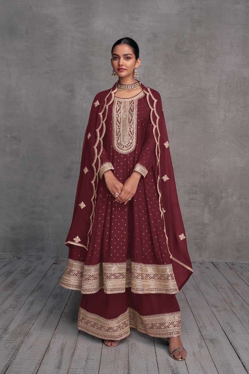 DESIGNER FANCY PARTY WEAR READYMADE FANCY REAL GEORGETTE MAROON SHARARA SALWAR SUIT AF SHY GIRL 7415C