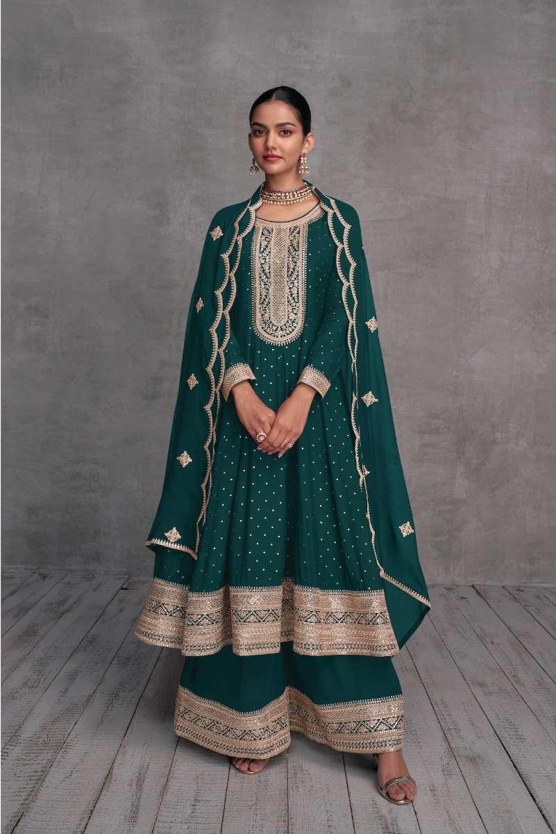 DESIGNER FANCY PARTY WEAR READYMADE FANCY REAL GEORGETTE RAMA GREEN SHARARA SALWAR SUIT AF SHY GIRL 7415E